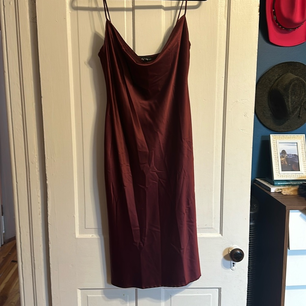 Satin burgundy slip dress with cowl neckline
